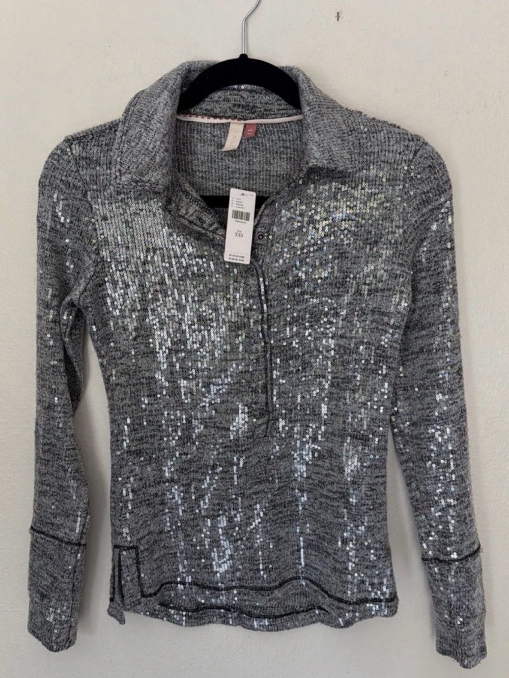 Anthropologie Pilcro Shimmer Collared Shirt in silver metallic fabric, Size XXS